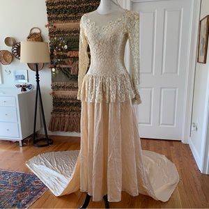 Vintage 1940s Wedding Dress Champagne Lace & Silk Long Sleeve Peplum Train